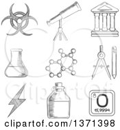 Poster, Art Print Of Black And White Sketched Telescope Flask And Tuber Compasses Atom Ancient Temple Radiation And Power Signs