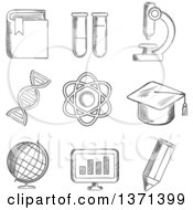 Poster, Art Print Of Black And White Sketched Globe Dna Atom Book Flasks And Tubes Microscope Pencil Computer And Academic Cap