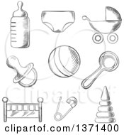 Poster, Art Print Of Black And White Sketched Baby Pram Ball Bottle Dummy Or Pacifier Crib Nappy Safety Pin And Toys