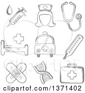 Poster, Art Print Of Black And White Sketched Syringe Nurse Stethoscope Bandages Dna Ambulance Thermometer First Aid Kit And Hospital Bed