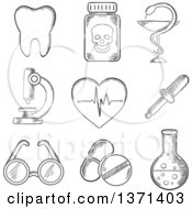 Poster, Art Print Of Black And White Sketched Tooth Dentistry Poison Microscope Heart With Ecg Spectacles Dropper And Laboratory Tube