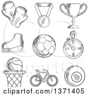 Poster, Art Print Of Black And White Sketched Basketball Soccer  Football Ice Skating Boxing Gloves Cycling And Bowls With A Winners Medal Trophy And Stopwatch