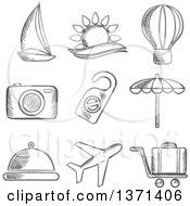 Poster, Art Print Of Black And White Sketched Yacht Hot Air Balloon Tropical Sun Camera Beach Umbrella Food Airplane Luggage And A Do Not Disturb Sign