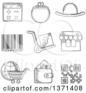 Poster, Art Print Of Black And White Sketched Purse Wallet Calculator Bar Code Trolleys Store Globe And Digital Code