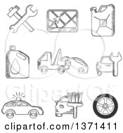 Poster, Art Print Of Black And White Sketched Tools Road Sign Oil And Petrol Containers Tow Truck Wheel Tyre Jerry Can Police Car Wash And Garage