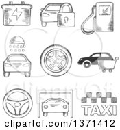 Poster, Art Print Of Black And White Sketched Fuel Pump Security Battery Car Wash Tyre Purchase Steering Wheel Garage And Taxi