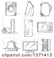 Poster, Art Print Of Black And White Sketched Vacuum Cleaner Kettle Iron Fridge Microwave Oven Needle And Cotton Television And Washing Machine
