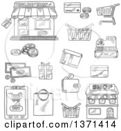 Poster, Art Print Of Black And White Sketched Online Shop Sale Tag Tablet Pc And Buy Button Money Credit Card Shopping Cart Basket And Bag Store Wallet Cash Register Gift And Delivery Box