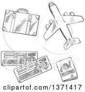 Poster, Art Print Of Black And White Sketched Airplane And Travel Items