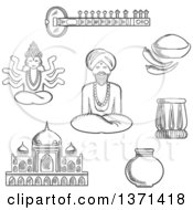 Black And White Sketched Sitar Fresh Chili Pepper And Chili Powder Tabla Drum Vase Ancient Temple God Vishnu Bearded Man In Turban In Lotus Pose