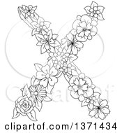 Poster, Art Print Of Black And White Lineart Floral Alphabet Letter X