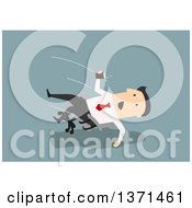 Clipart Of A Flat Design White Business Man Falling Backwards In A Chair On Blue Royalty Free Vector Illustration