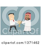 Poster, Art Print Of Flat Design White Business And Arabian Men Fighting Over A Trophy On Blue