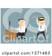 Poster, Art Print Of Flat Design White Business Man Ready To Stab Someone In The Back On Blue