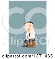 Poster, Art Print Of Flat Design Sad White Business Man Sitting On A Suitcase On Blue
