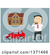 Poster, Art Print Of Flat Design White Business Man Purchasing A House And Car On Blue