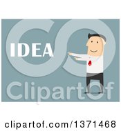 Clipart Of A Flat Design White Business Man Pointing To Idea Text On Blue Royalty Free Vector Illustration by Vector Tradition SM