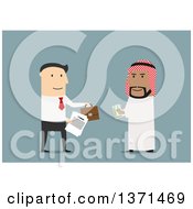 Poster, Art Print Of Flat Design White Business Man Making A Deal With An Arabian Man On Blue