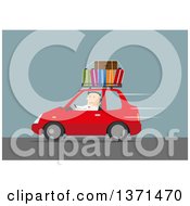 Clipart Of A Flat Design White Business Man Driving A Car With Luggage On Top On Blue Royalty Free Vector Illustration