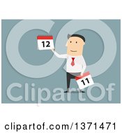 Clipart Of A Flat Design White Business Man Holding Calendars On Blue Royalty Free Vector Illustration
