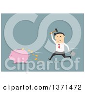 Poster, Art Print Of Flat Design White Business Man Chasing A Piggy Bank On Blue