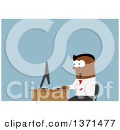 Clipart Of A Flat Design Black Business Man Shocked At What He Sees Online On Blue Royalty Free Vector Illustration
