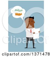 Poster, Art Print Of Flat Design Black Business Man Thinking Of Money And Reading A Letter On Blue