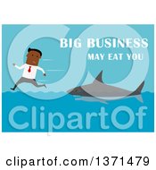 Poster, Art Print Of Flat Design Black Business Man Being Chased By A Shark With Big Business May Eat You On Blue
