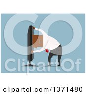 Poster, Art Print Of Flat Design Black Business Man Sticking His Head In A Tv On Blue