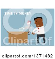 Poster, Art Print Of Flat Design Black Business Man With Time Is Money Text And A Grinder On Blue