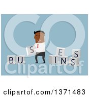 Poster, Art Print Of Flat Design Black Business Man Laying Out Blocks On Blue