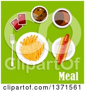 Poster, Art Print Of Hot Dog Fries Ketchup Soda And Cupcake With Text On Green