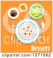 Poster, Art Print Of Sweet Milk Cake Butter Fresh Blueberries Cup Of Coffee With Bun And Salad With Text On Orange
