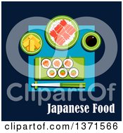 Poster, Art Print Of Sushi Maki Rolls With Salmon Avocado And Red Caviar Rice With Shrimps Tofu Slices Soy Sauce And Chopsticks On Blue With Text