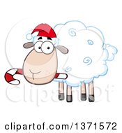 Poster, Art Print Of Cartoon Christmas Sheep Wearing A Santa Hat And Chewing On A Candy Cane