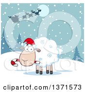 Poster, Art Print Of Cartoon Christmas Sheep Chewing On A Candy Cane Under Santas Sleigh In The Snow