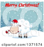 Cartoon Xmas Sheep Wearing A Santa Hat And Chewing On A Candy Cane Under A Merry Christmas Greeting