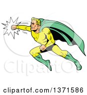 Poster, Art Print Of Blond White Male Super Hero Flying And Punching