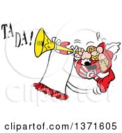 Poster, Art Print Of Cartoon Energetic Herald Jumping And Blowing A Trumpet To Make A Big Announcement With Ta Da Text