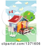 Poster, Art Print Of School House Made Of Books With Book Birds Flying And A Canadian Flag