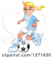 Blond Caucasian Girl Playing Soccer