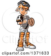 Clipart Of A Male Baseball Player Boy Catcher Standing And Holding A Ball Royalty Free Vector Illustration by Clip Art Mascots #COLLC1371633-0189