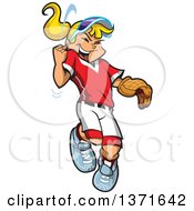 Clipart Of A Happy White Blond Baseball Player Pitcher Girl Cheering And Jumping Royalty Free Vector Illustration by Clip Art Mascots