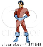 Clipart Of A Tough White Male Super Hero In A Brown And Blue Suit Royalty Free Vector Illustration