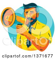 Poster, Art Print Of Retro Wpa Styled Business Man Announcing Through A Megaphone In A Turquoise Circle