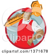 Retro Wpa Styled Locksmith Carrying A Giant Key Over His Shoulder In A Red And Gray Circle