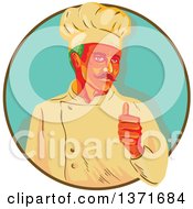 Retro Wpa Styled Green Haired Chef With A Mustache Giving A Thumb Up And Emerging From A Brown And Turquoise Circle