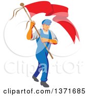 Retro Wpa Styled Male Worker Marching Wtih A Flag