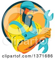 Retro Wpa Styled Mechanic With A Beard Holding A Giant Wrench And Emerging From A Green And Orange Circle
