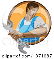 Retro Wpa Styled Mechanic Holding A Wrench And Emerging From A Brown And Orange Circle